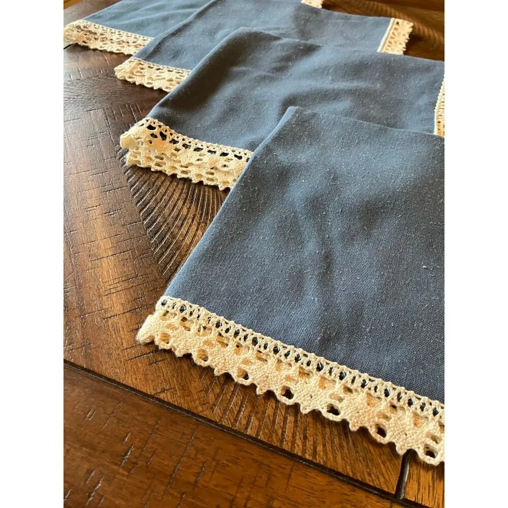 Napkin Lot of (4) Blue‎ Cream Handmade Lace Edges Linen(?) Boho Bohemian